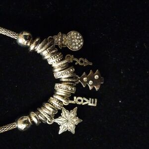 Mesh tube chain necklace. Christmas joy pendants. 33 charms n beads. 16+2" long
